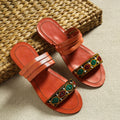 Orange Kutch Embroidery Handstitched Leather Flat Slippers