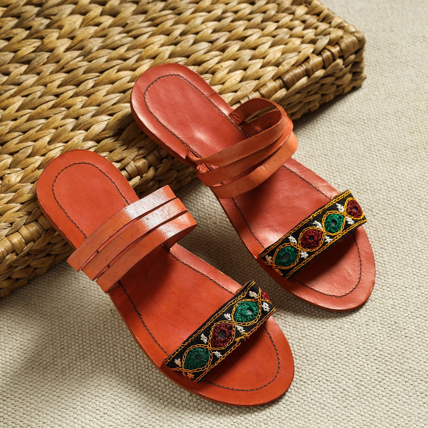Orange Kutch Embroidery Handstitched Leather Flat Slippers
