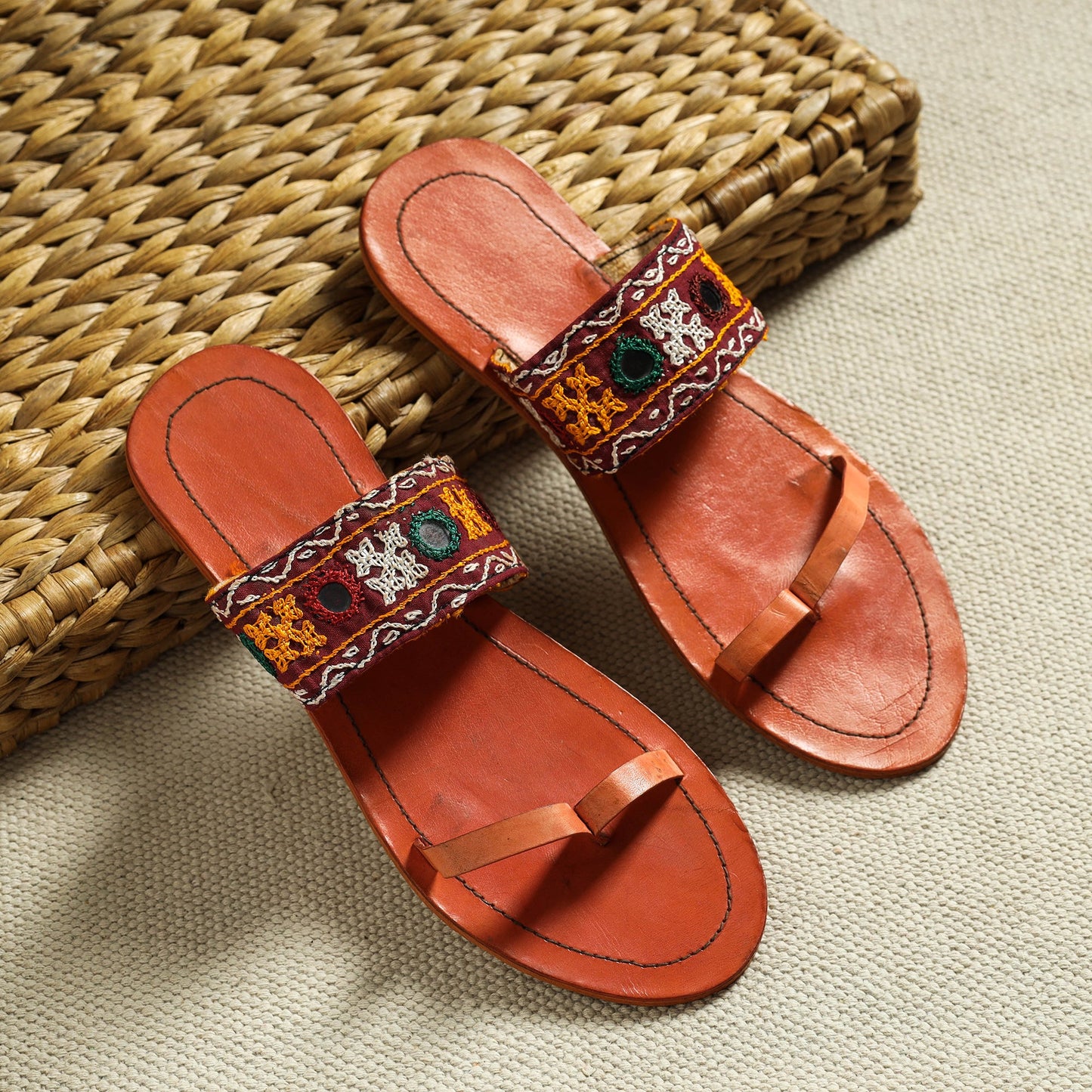 Orange Kutch Embroidery Handstitched Leather Flat Slippers