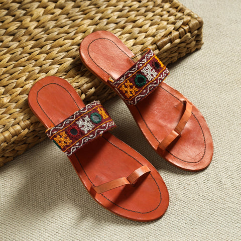 Orange Kutch Embroidery Handstitched Leather Flat Slippers