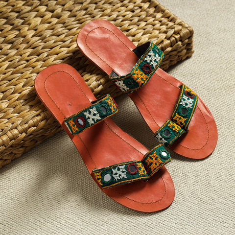 Orange Kutch Embroidery Handstitched Leather Flat Slippers