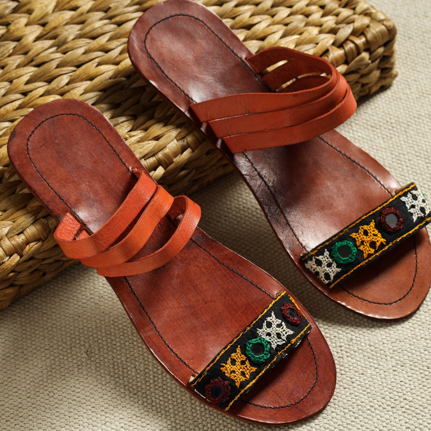 Orange Kutch Embroidery Handstitched Leather Flat Slippers