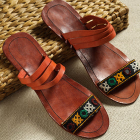 Orange Kutch Embroidery Handstitched Leather Flat Slippers