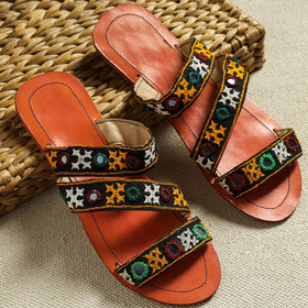 Orange Kutch Embroidery Handstitched Leather Flat Slippers