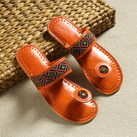 Orange Kutch Embroidery Handstitched Leather Flat Slippers