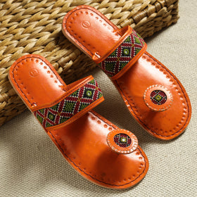 Orange Kutch Embroidery Handstitched Leather Flat Slippers
