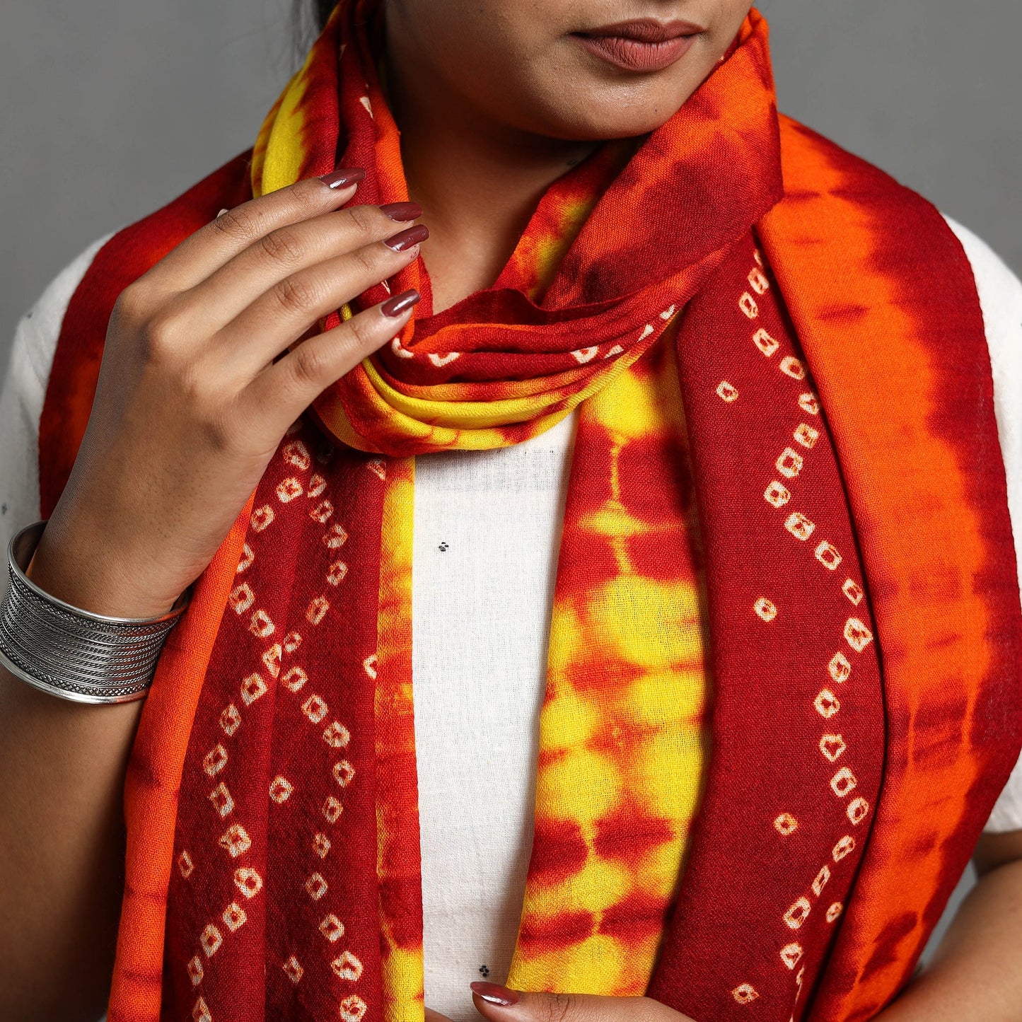  Orange Kutch Handwoven Woolen Shibori & Bandhani Stole