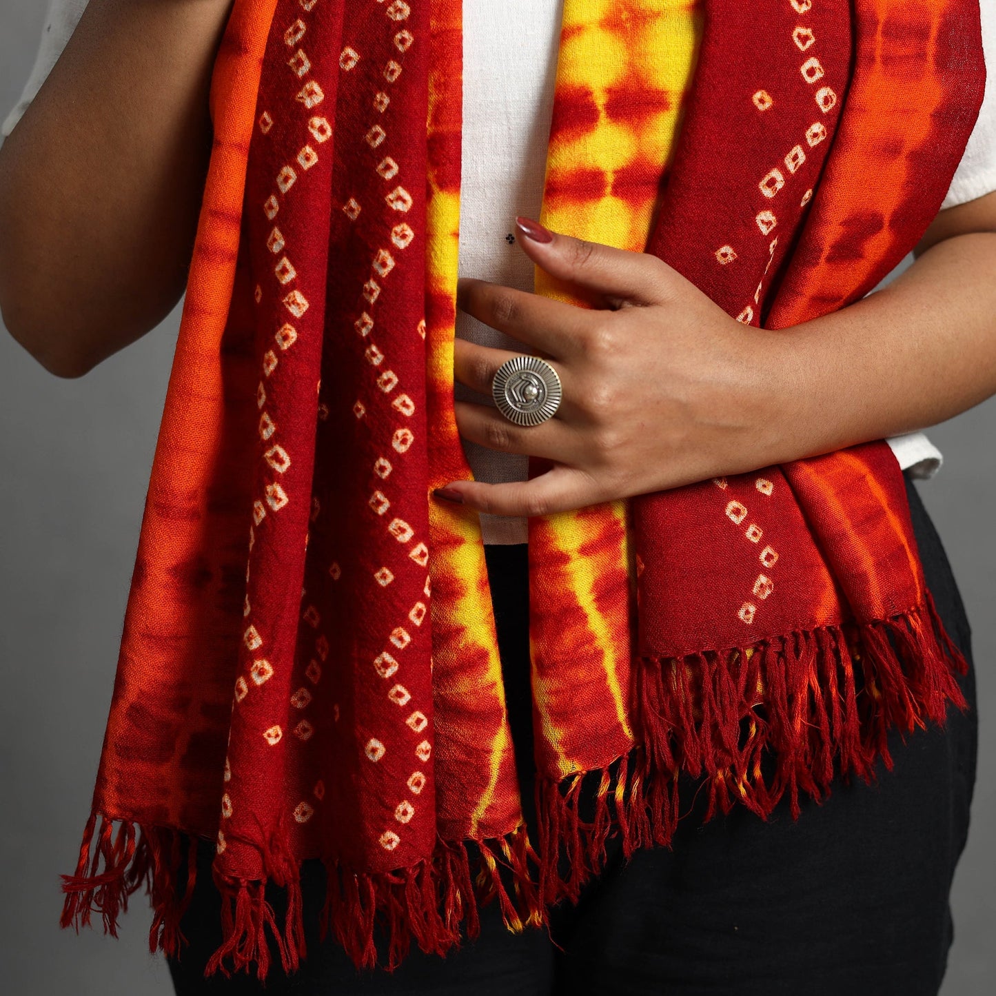  Orange Kutch Handwoven Woolen Shibori & Bandhani Stole