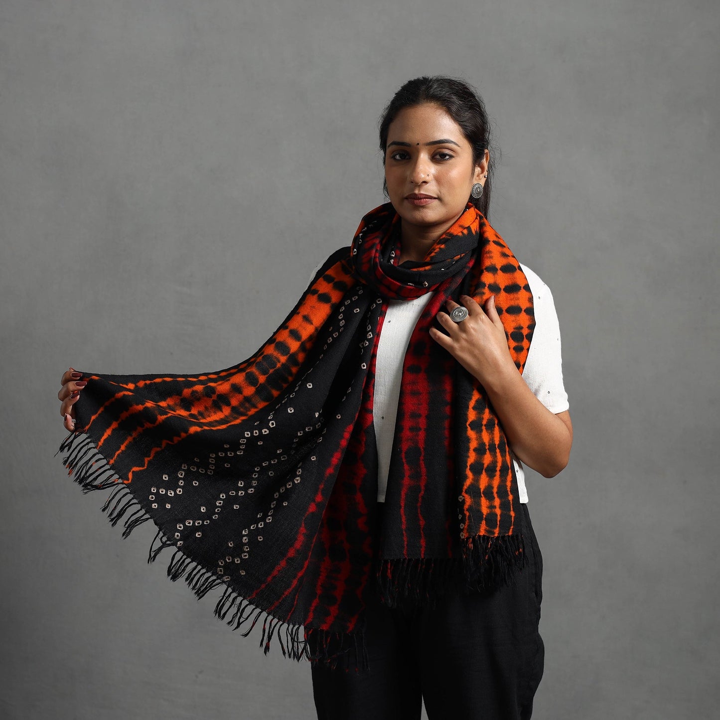 Orange - kutch handwoven woolen shibori & bandhani stole 40
