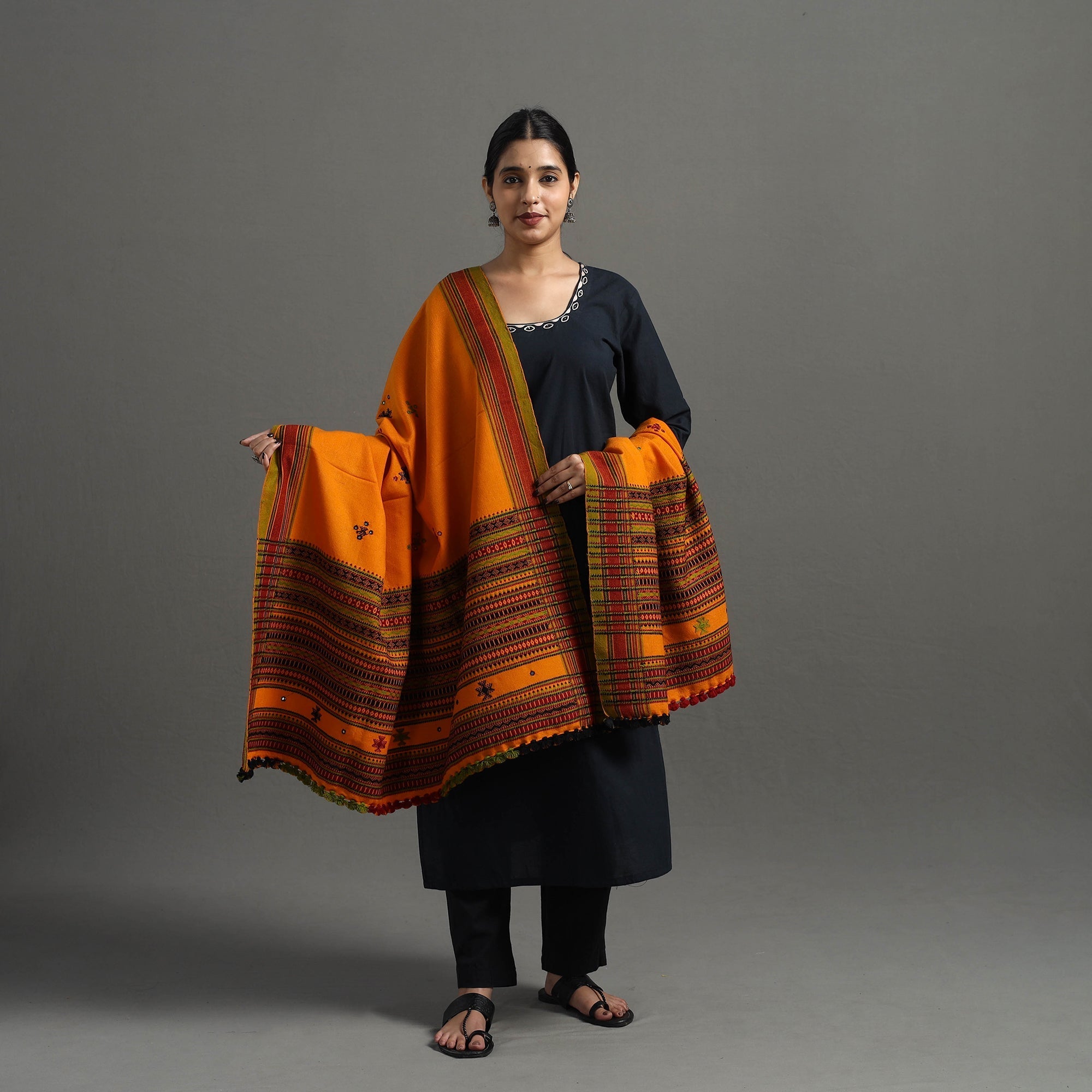  Orange Kutch Handwoven Mirror Work Woollen Shawl 