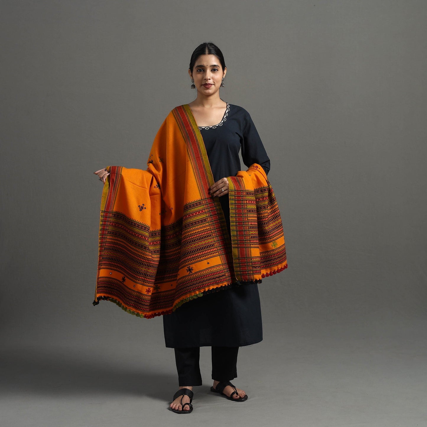  Orange Kutch Handwoven Mirror Work Woollen Shawl 