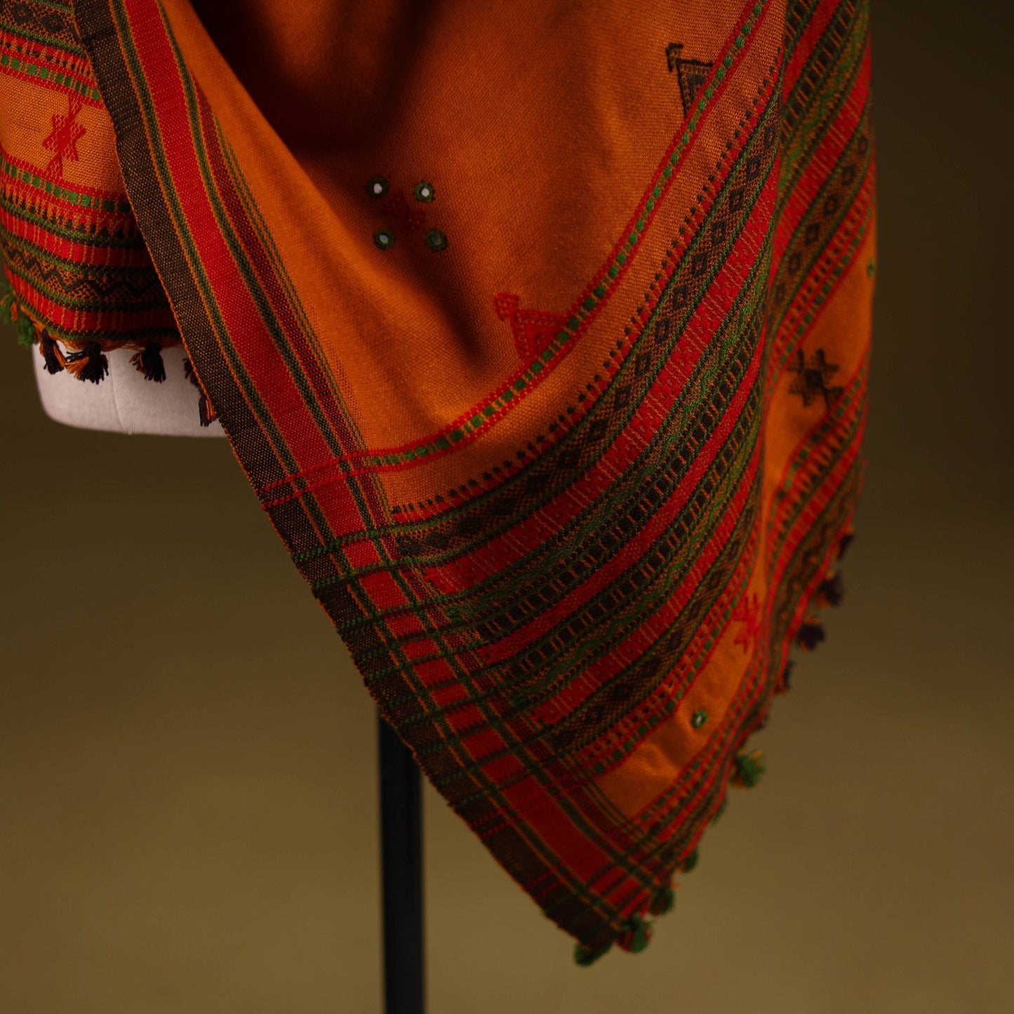 Kutch handwoven mirror work chomuk buta acrylic wool shawl