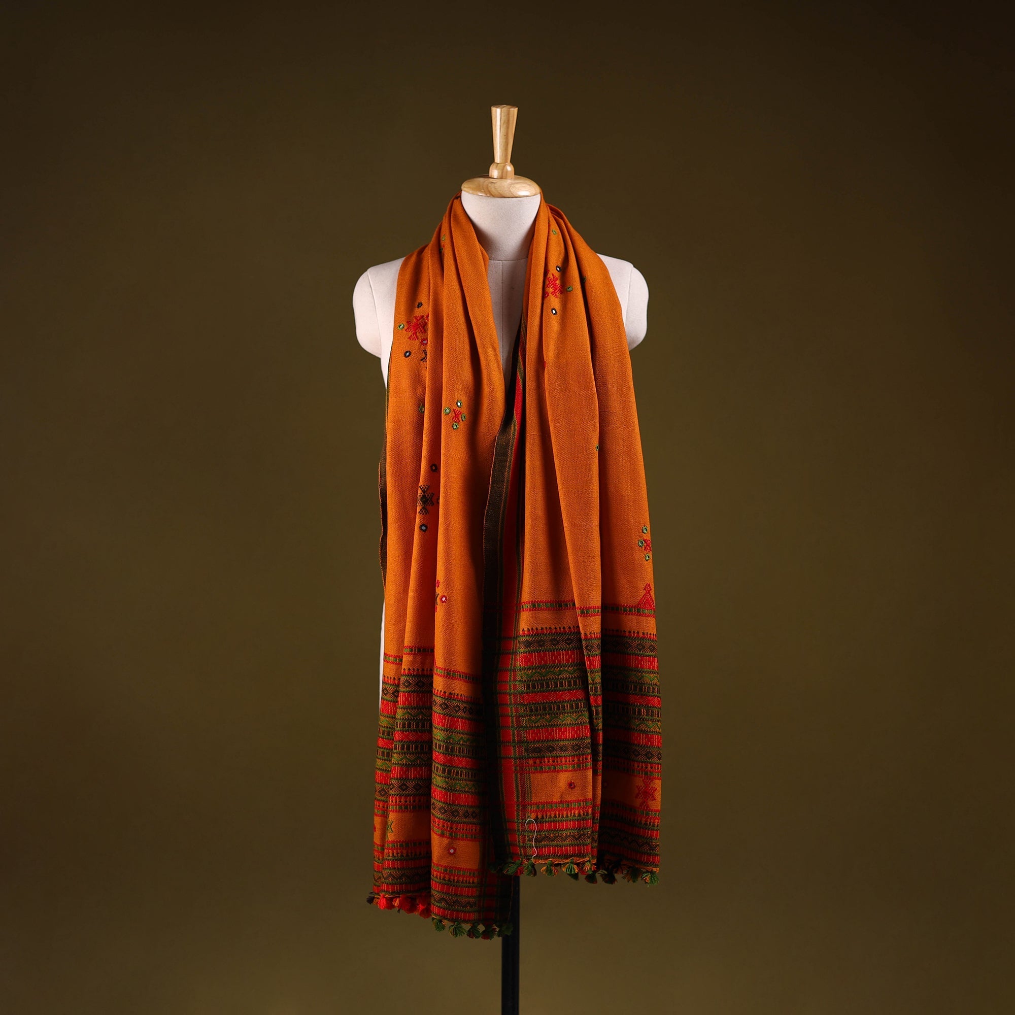 Kutch handwoven mirror work chomuk buta acrylic wool shawl