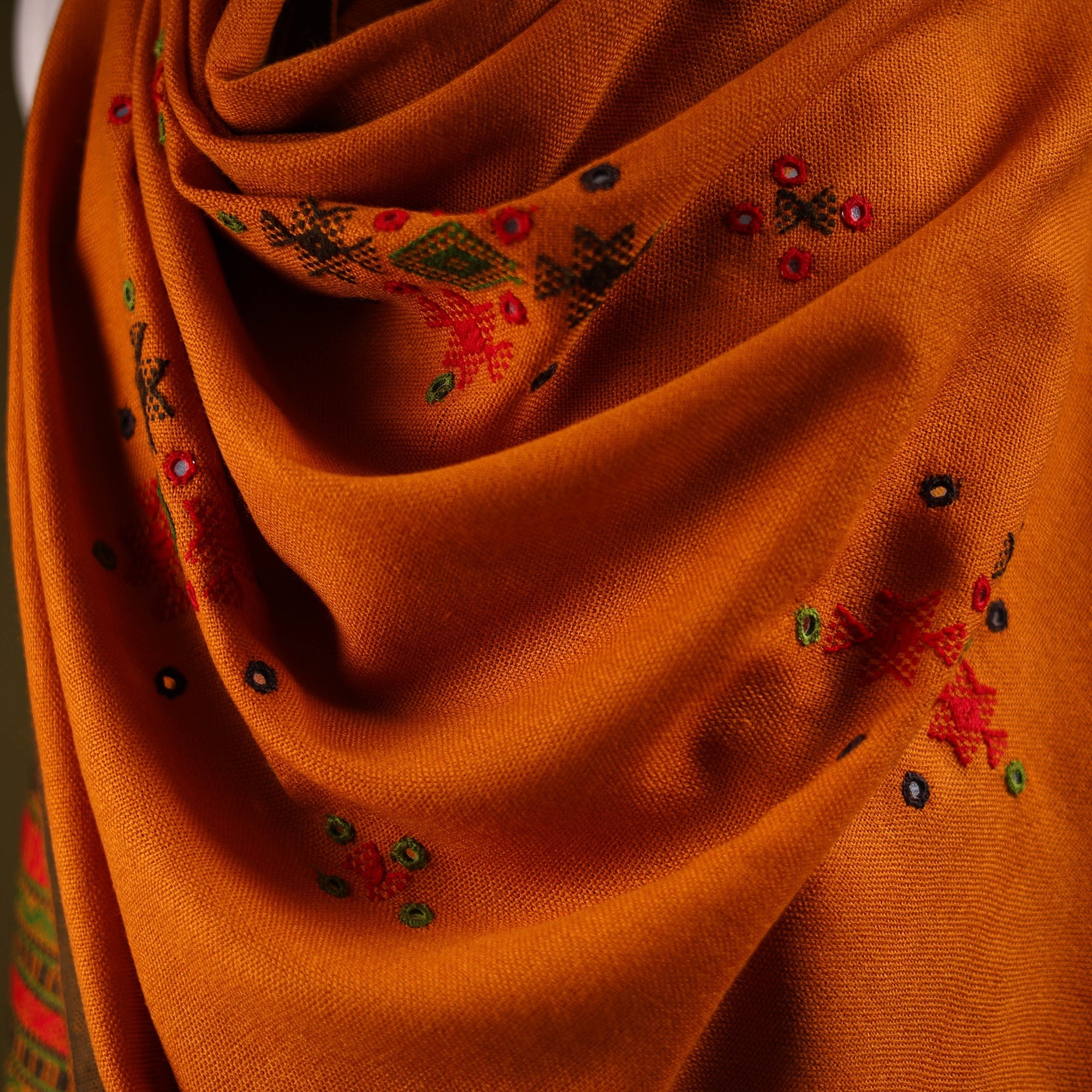 Kutch handwoven mirror work chomuk buta acrylic wool shawl