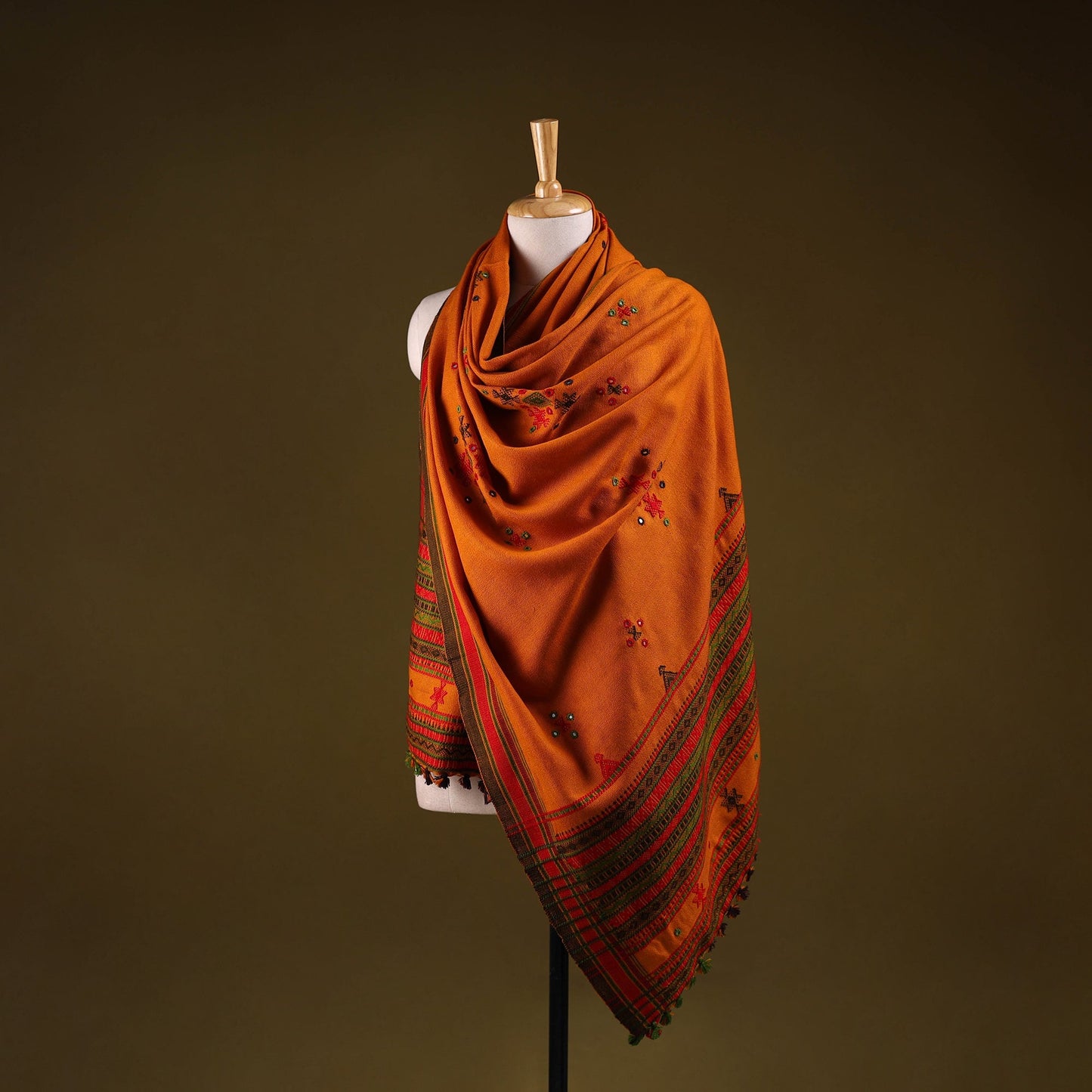 Kutch handwoven mirror work chomuk buta acrylic wool shawl