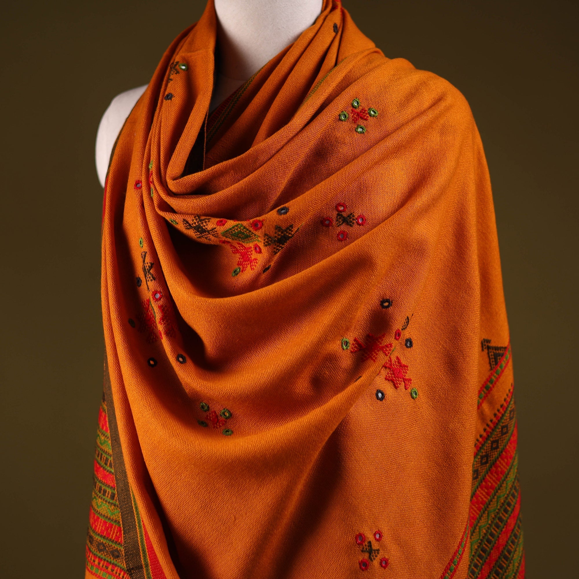 Kutch handwoven mirror work chomuk buta acrylic wool shawl