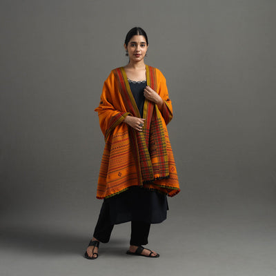 Orange Kutch Handwoven Mirror Work Woollen Shawl 