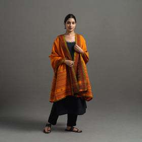  Orange Kutch Handwoven Mirror Work Woollen Shawl 