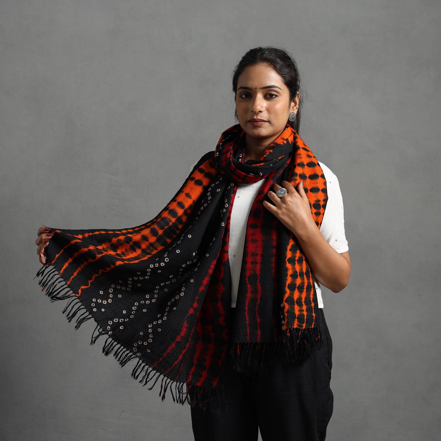 Orange - kutch handwoven woolen shibori & bandhani stole 40