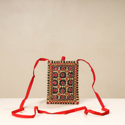Orange Kutch Neran Embroidery Mashru Silk Mobile Sling Bag 