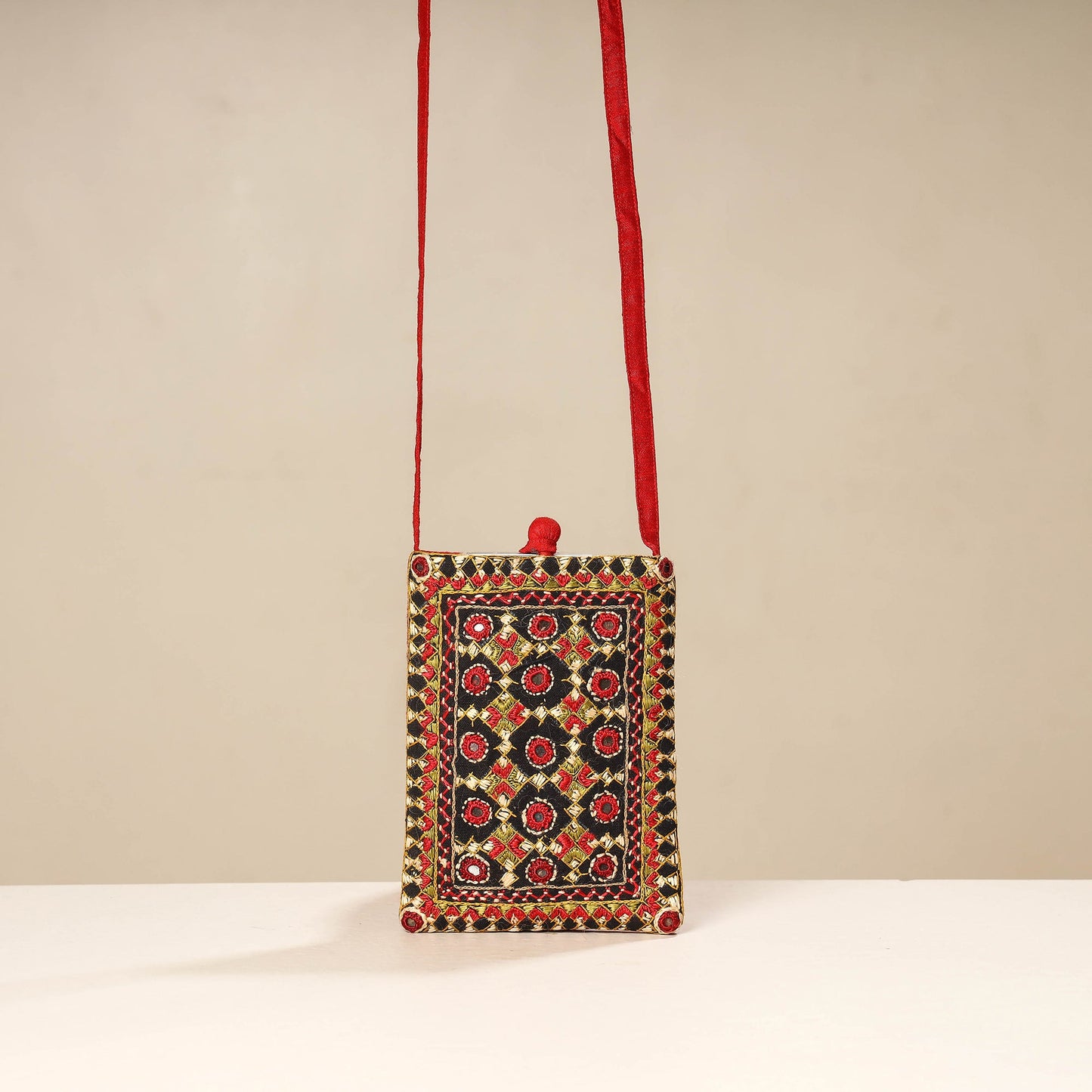 Orange Kutch Neran Embroidery Mashru Silk Mobile Sling Bag 