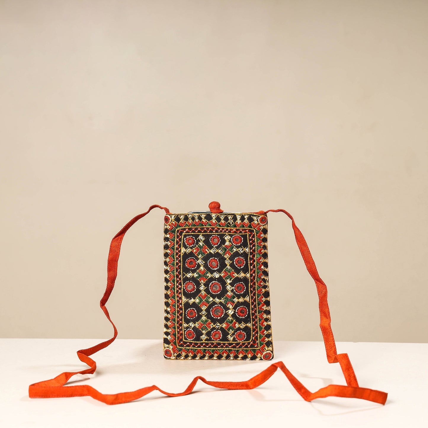 Orange Kutch Neran Embroidery Mashru Silk Mobile Sling Bag 