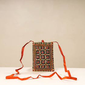 Orange Kutch Neran Embroidery Mashru Silk Mobile Sling Bag 
