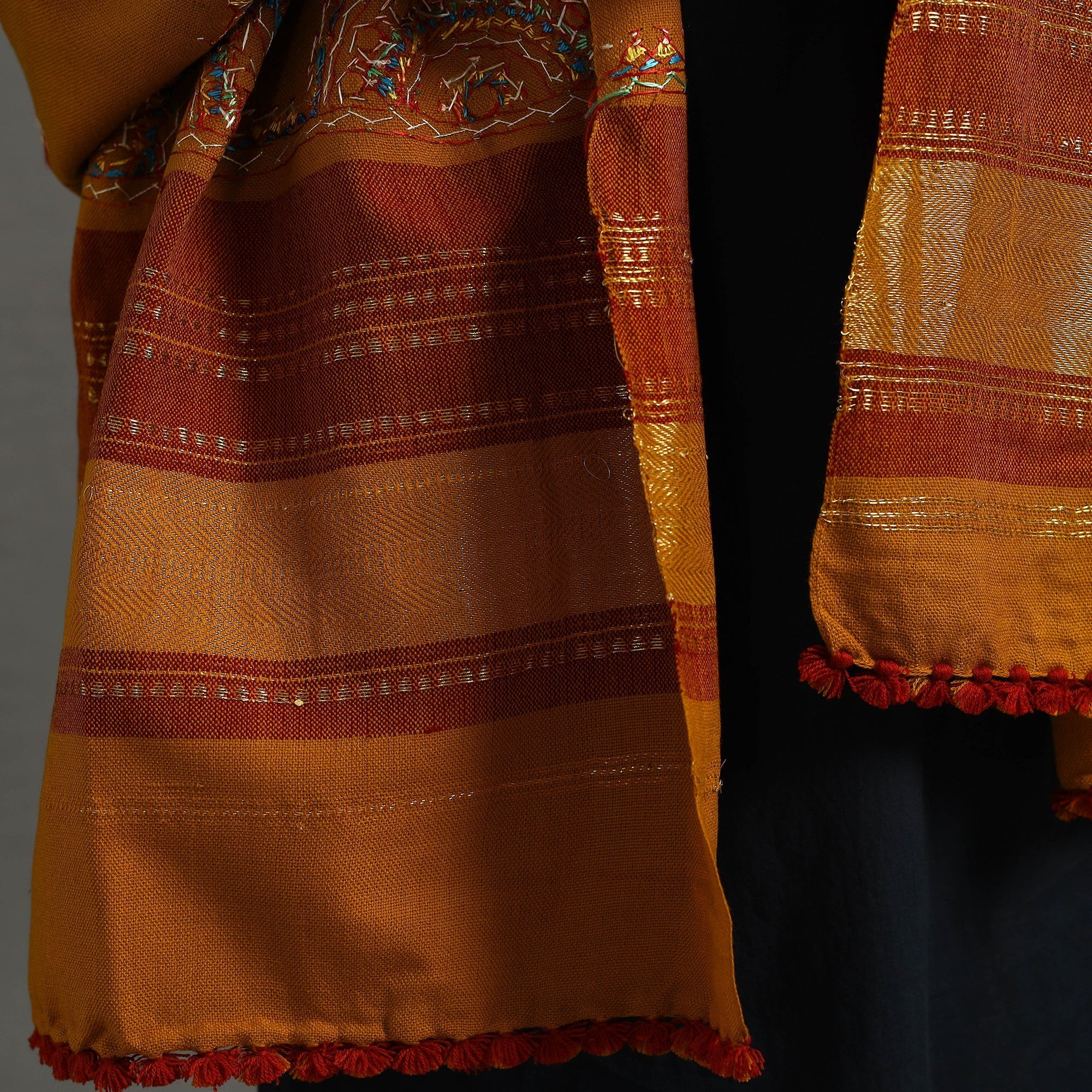 Orange Kutch Neran Hand Embroidery Mirror Work Woollen Shawl