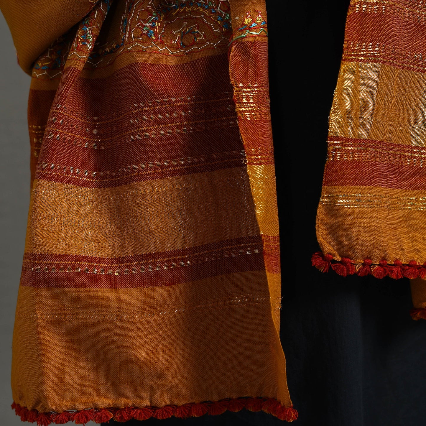 Orange Kutch Neran Hand Embroidery Mirror Work Woollen Shawl