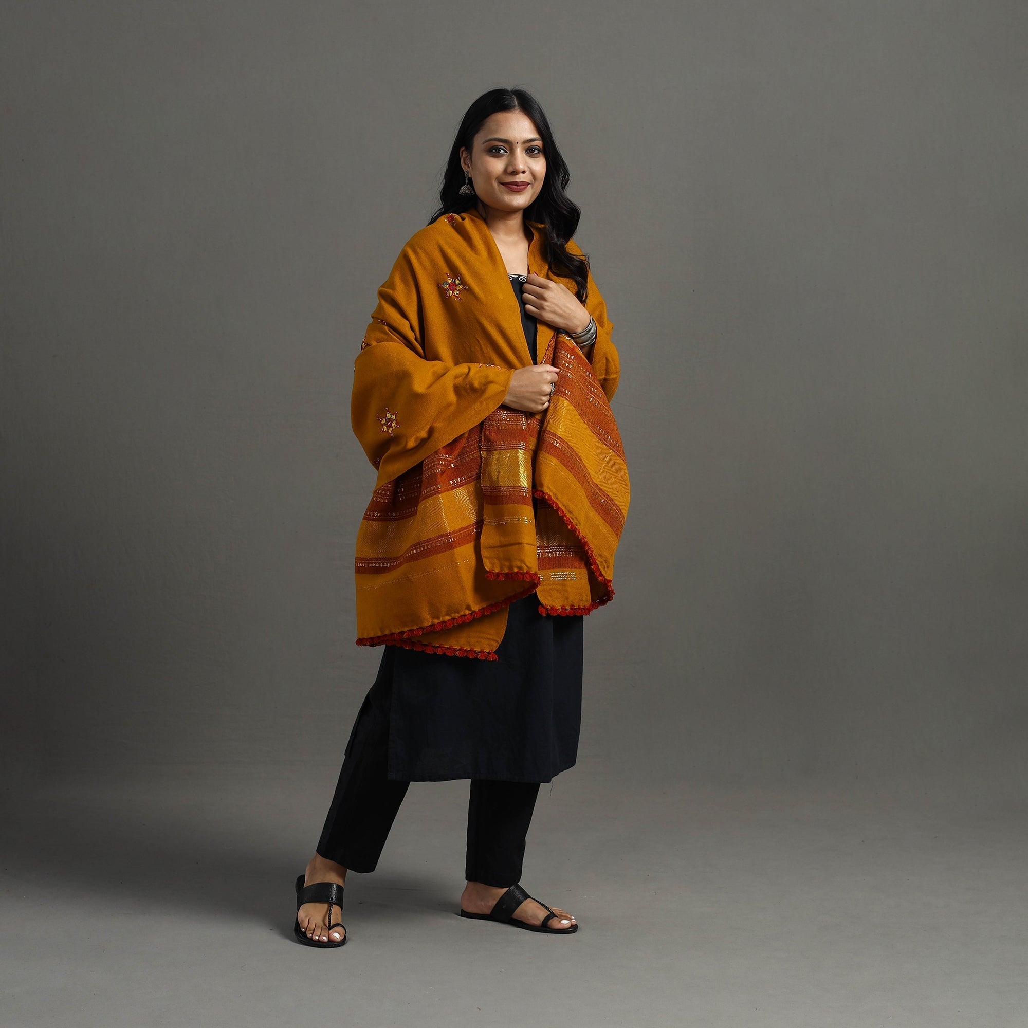 Orange Kutch Neran Hand Embroidery Mirror Work Woollen Shawl