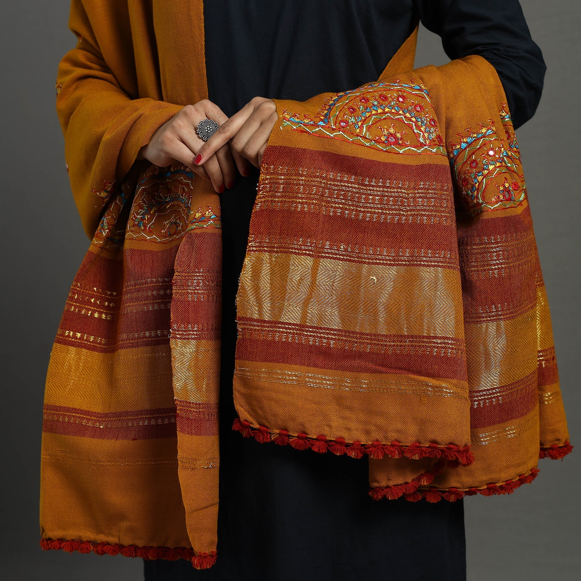 Orange Kutch Neran Hand Embroidery Mirror Work Woollen Shawl