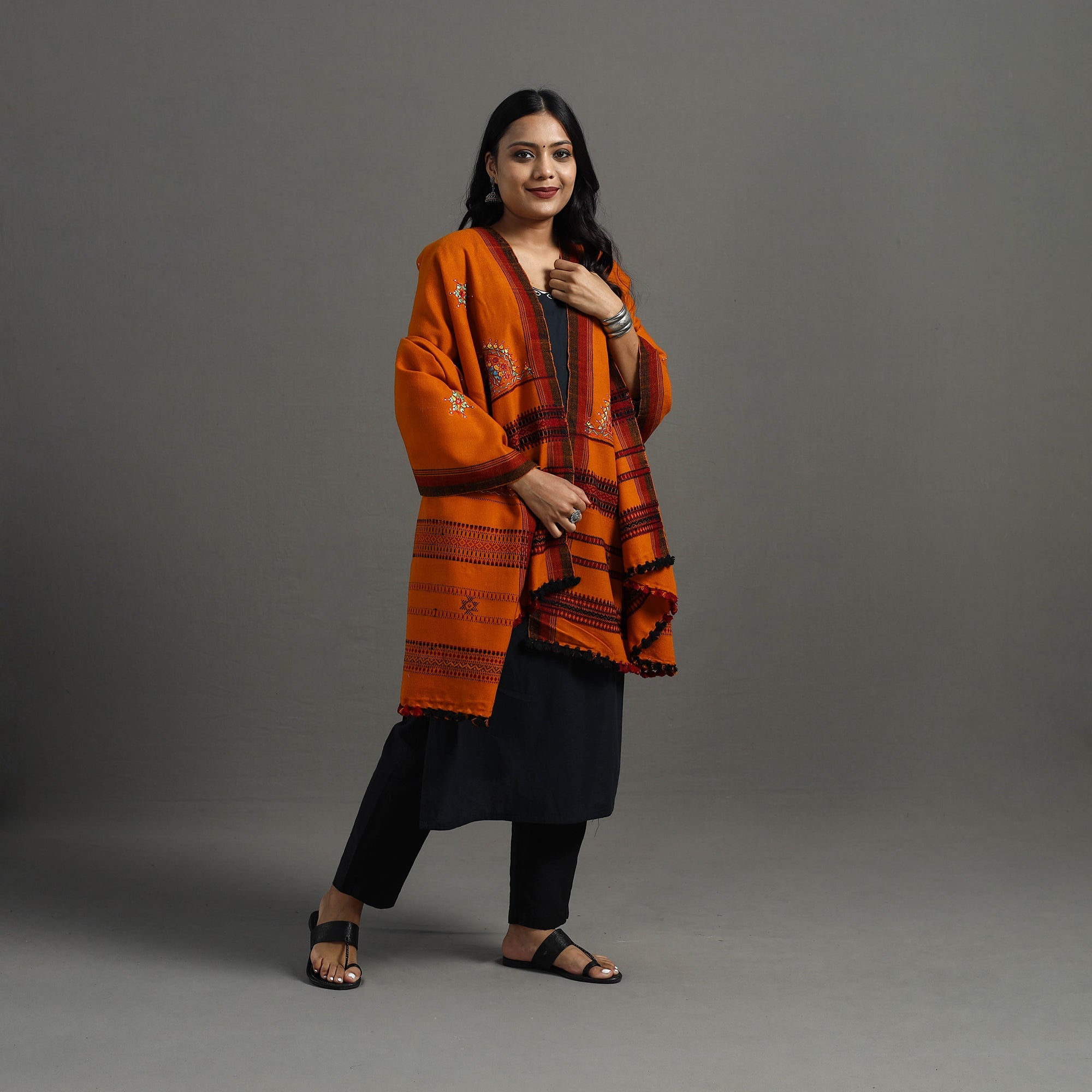 Orange Kutch Neran Hand Embroidery Mirror Work Woollen Shawl