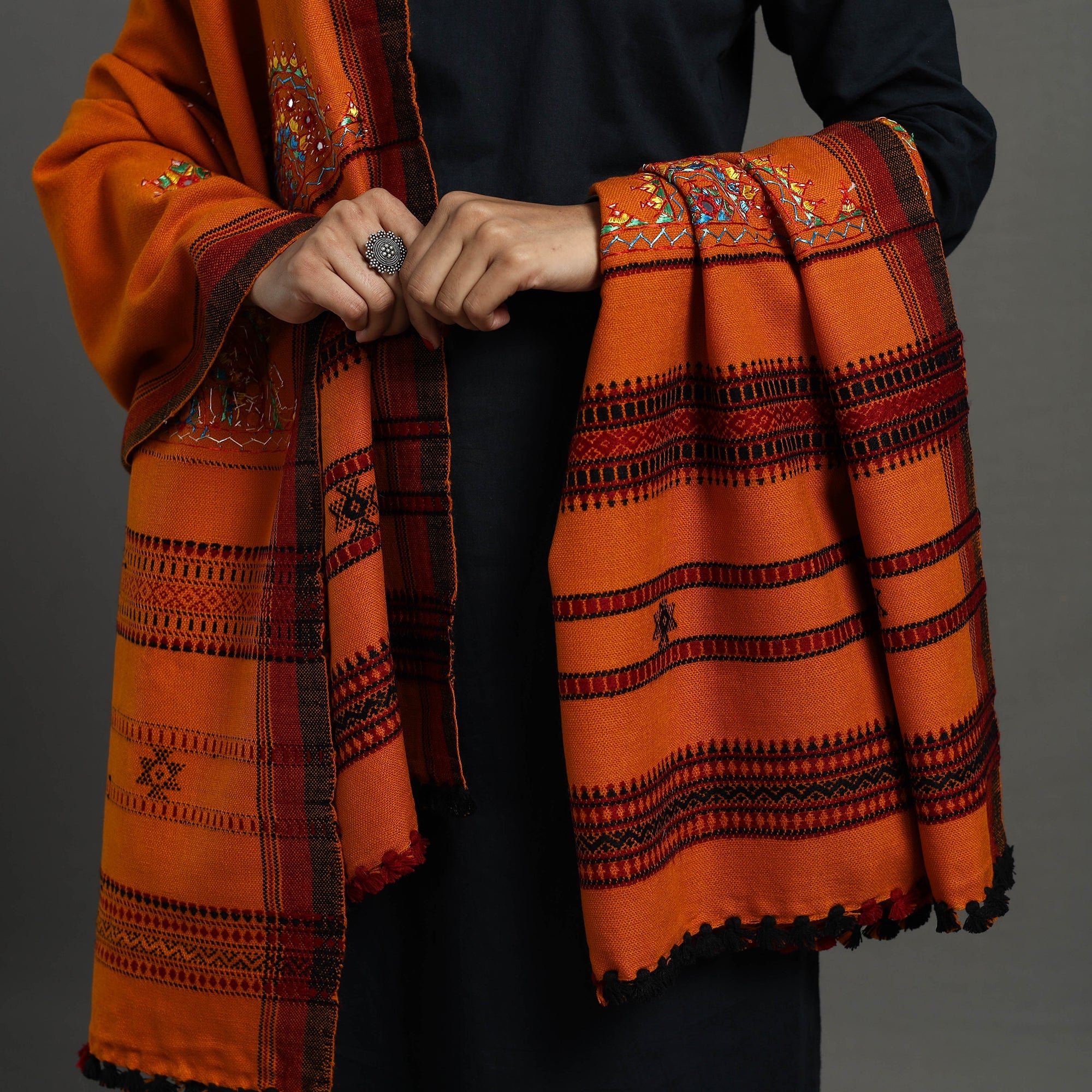 Orange Kutch Neran Hand Embroidery Mirror Work Woollen Shawl