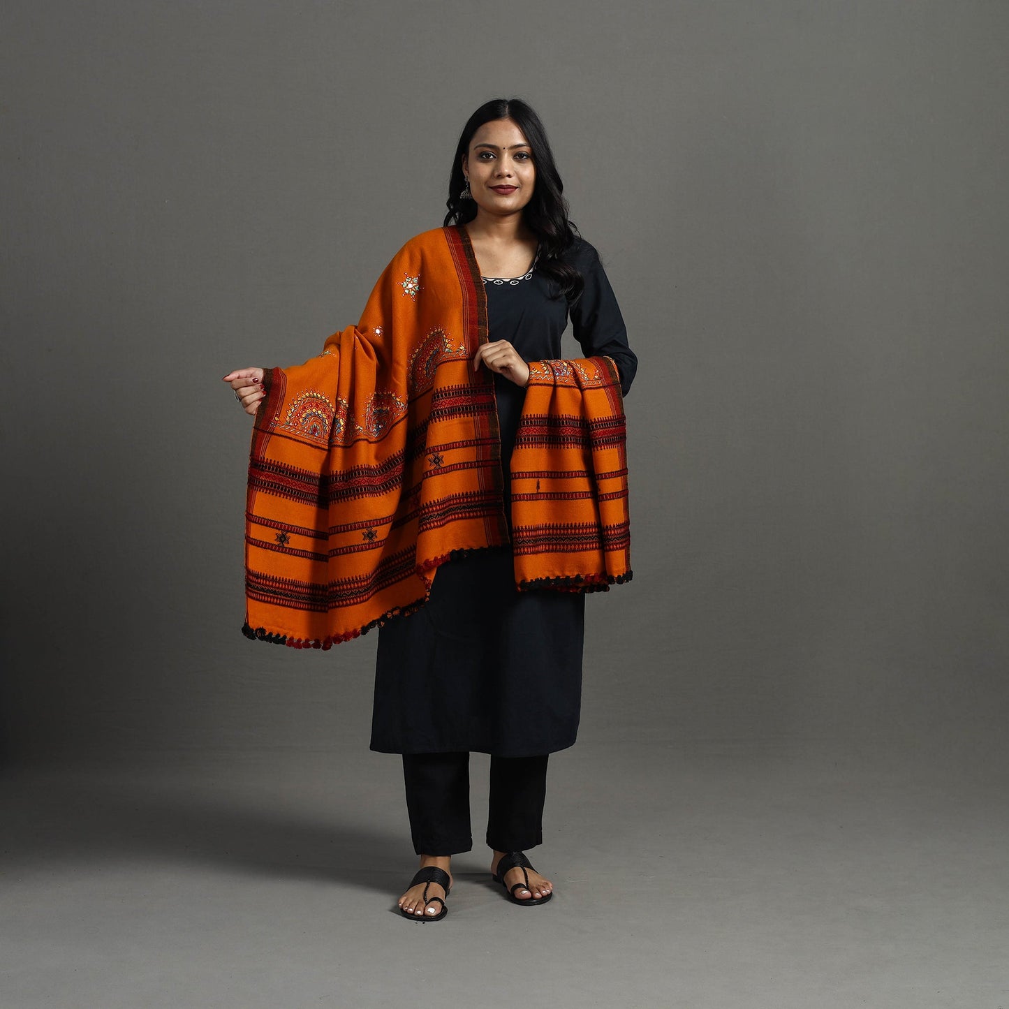 Orange Kutch Neran Hand Embroidery Mirror Work Woollen Shawl