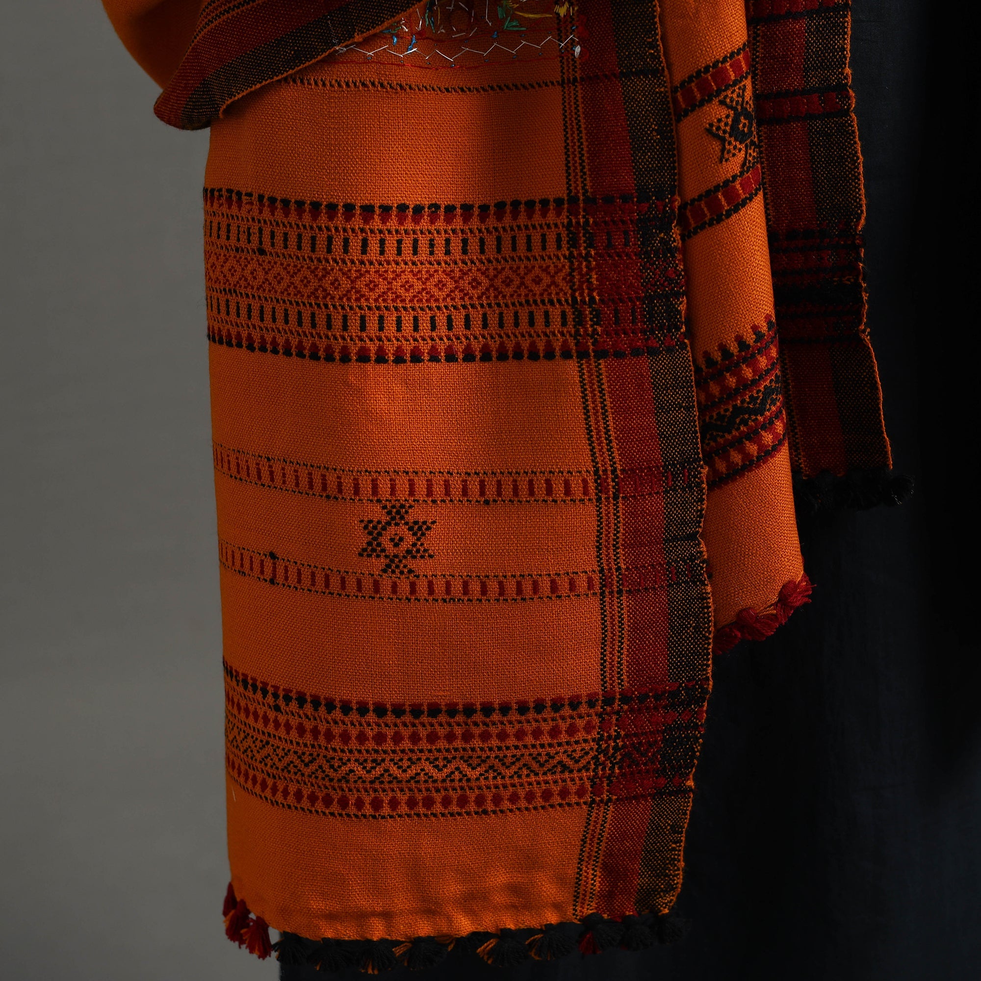 Orange Kutch Neran Hand Embroidery Mirror Work Woollen Shawl