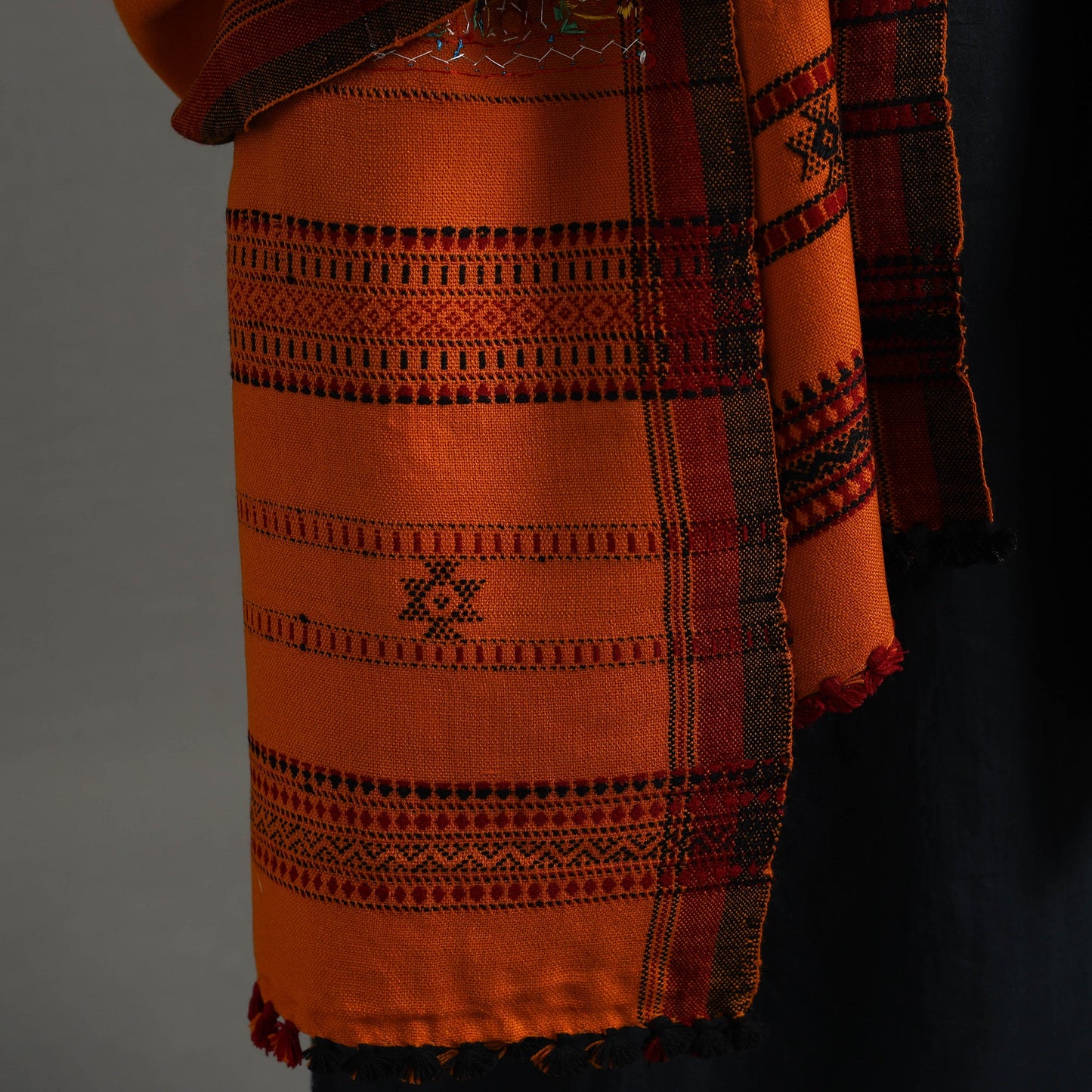 Orange Kutch Neran Hand Embroidery Mirror Work Woollen Shawl