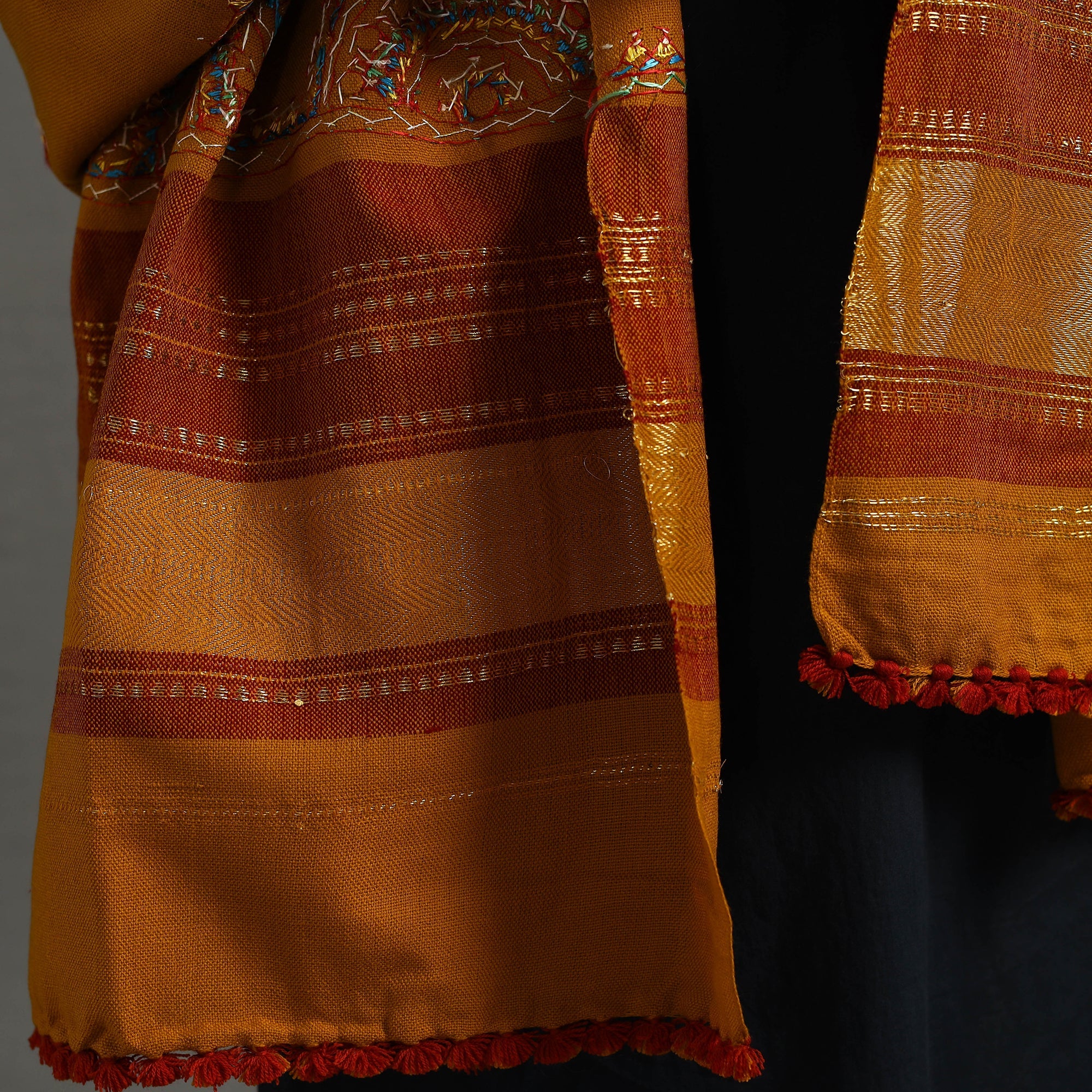 Orange Kutch Neran Hand Embroidery Mirror Work Woollen Shawl