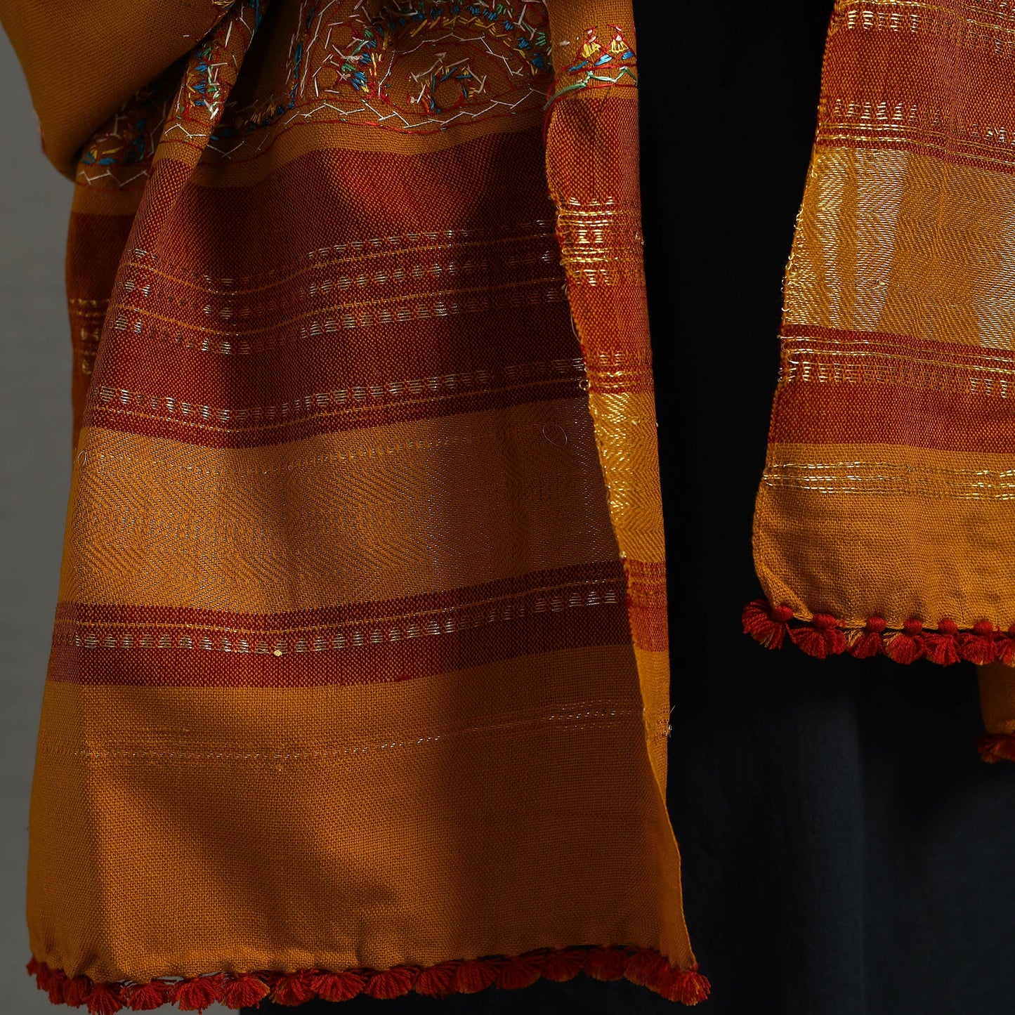 Orange Kutch Neran Hand Embroidery Mirror Work Woollen Shawl