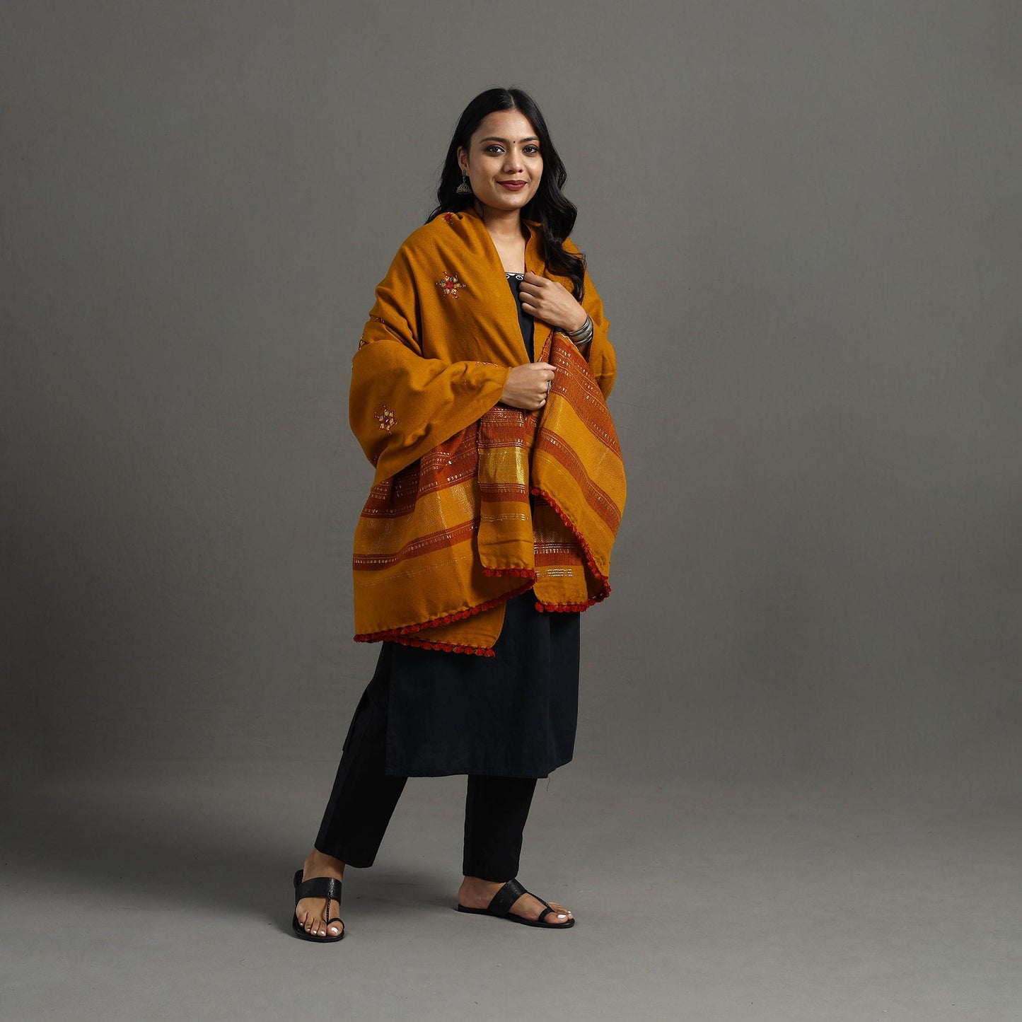 Orange Kutch Neran Hand Embroidery Mirror Work Woollen Shawl