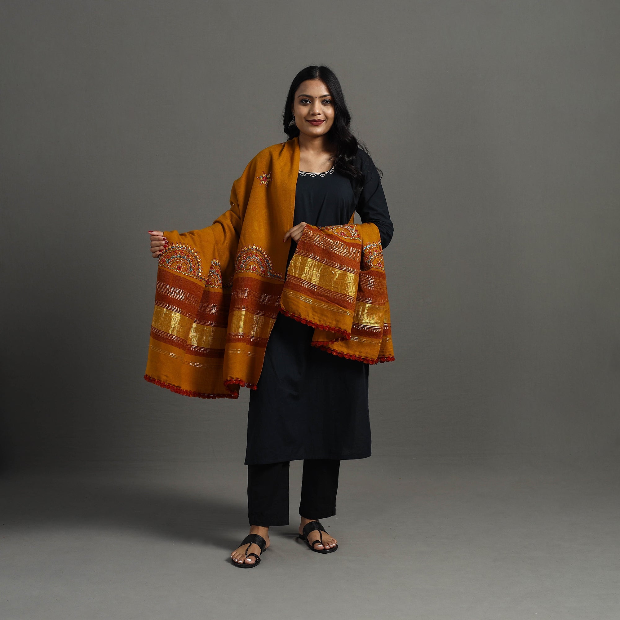 Orange Kutch Neran Hand Embroidery Mirror Work Woollen Shawl