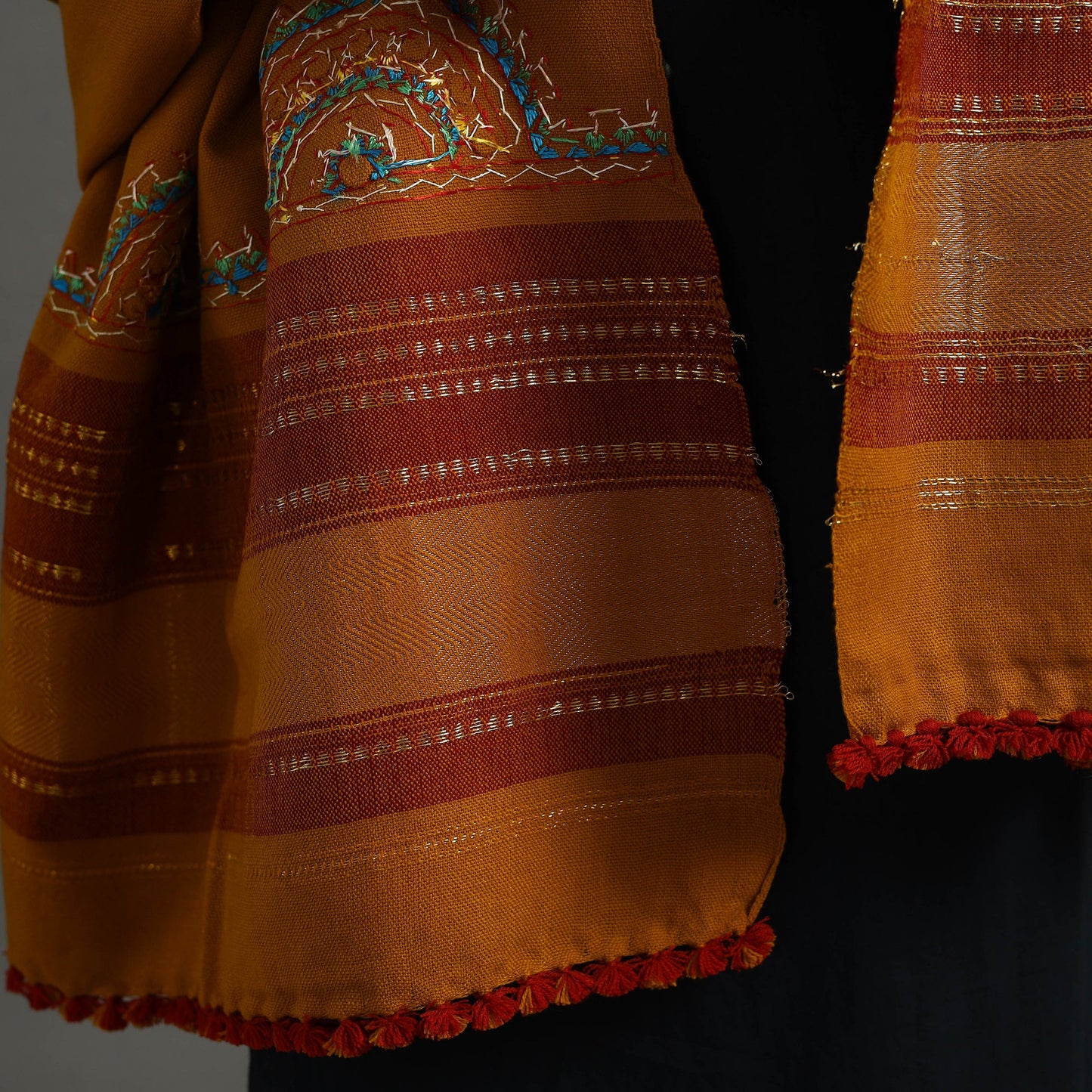 Orange Kutch Neran Hand Embroidery Mirror Work Woollen Shawl
