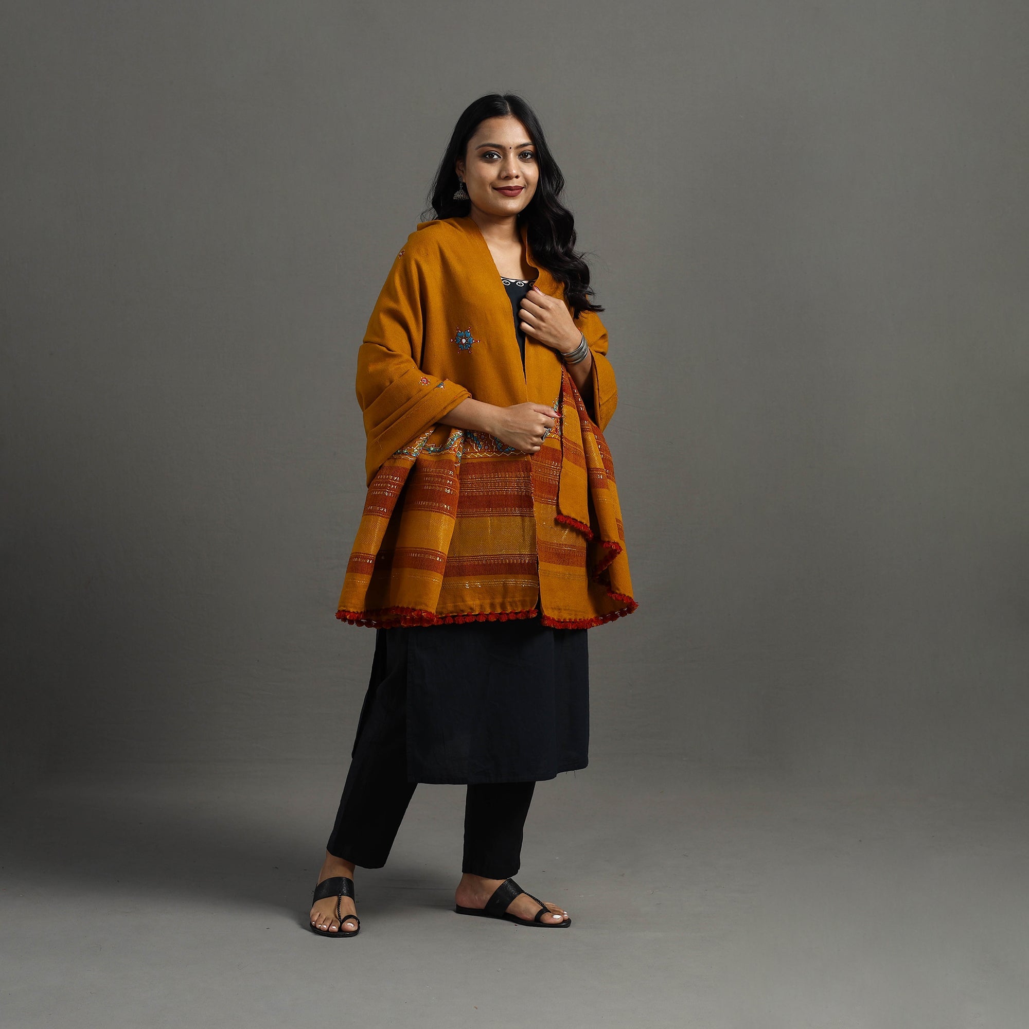 Orange Kutch Neran Hand Embroidery Mirror Work Woollen Shawl