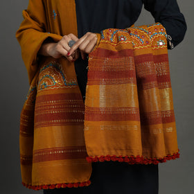 Orange Kutch Neran Hand Embroidery Mirror Work Woollen Shawl