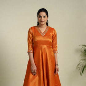 Orange Lace Work Fine Tissue Zari Plain Anarkali Kurta Set for Women