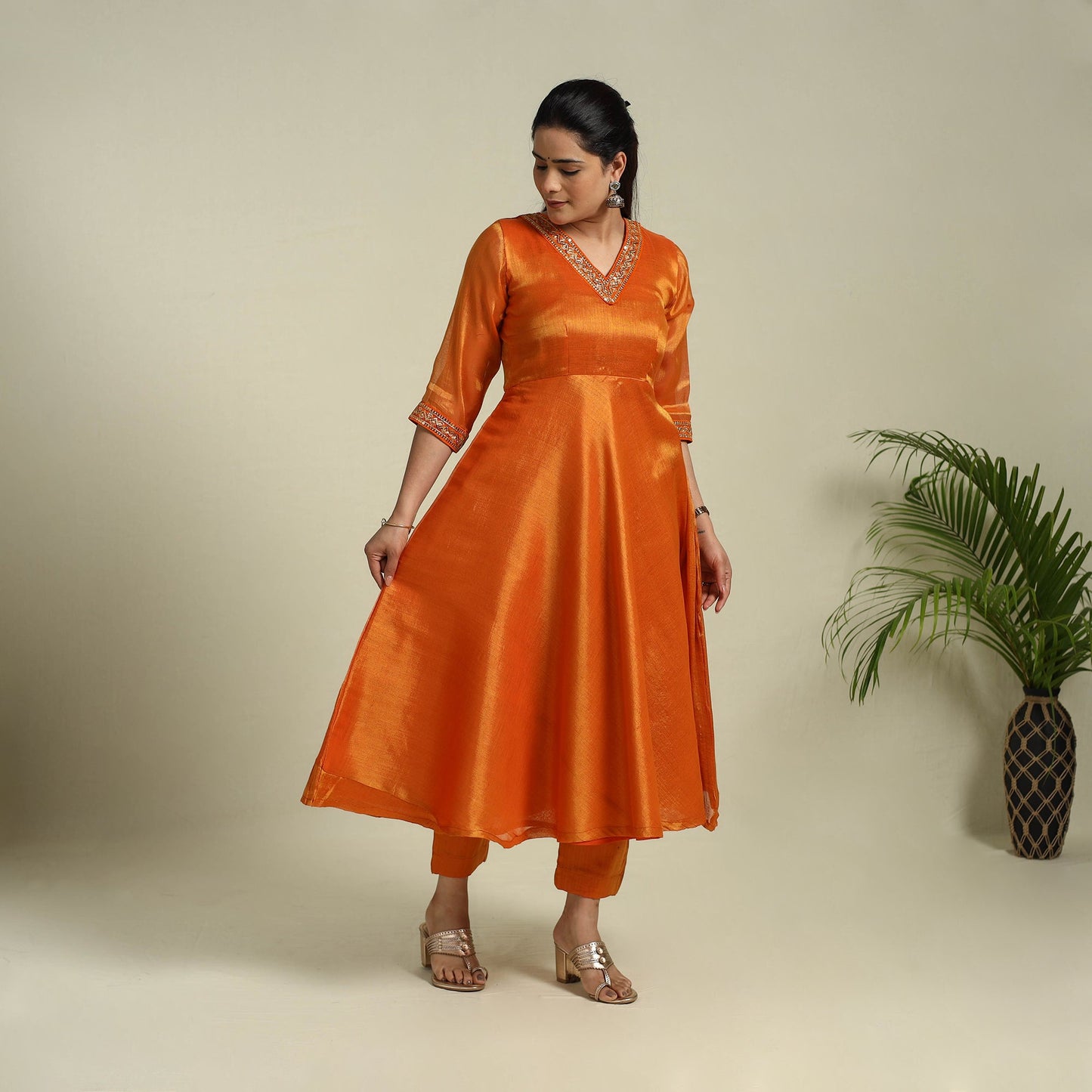 Orange Lace Work Fine Tissue Zari Plain Anarkali Kurta Set for Women