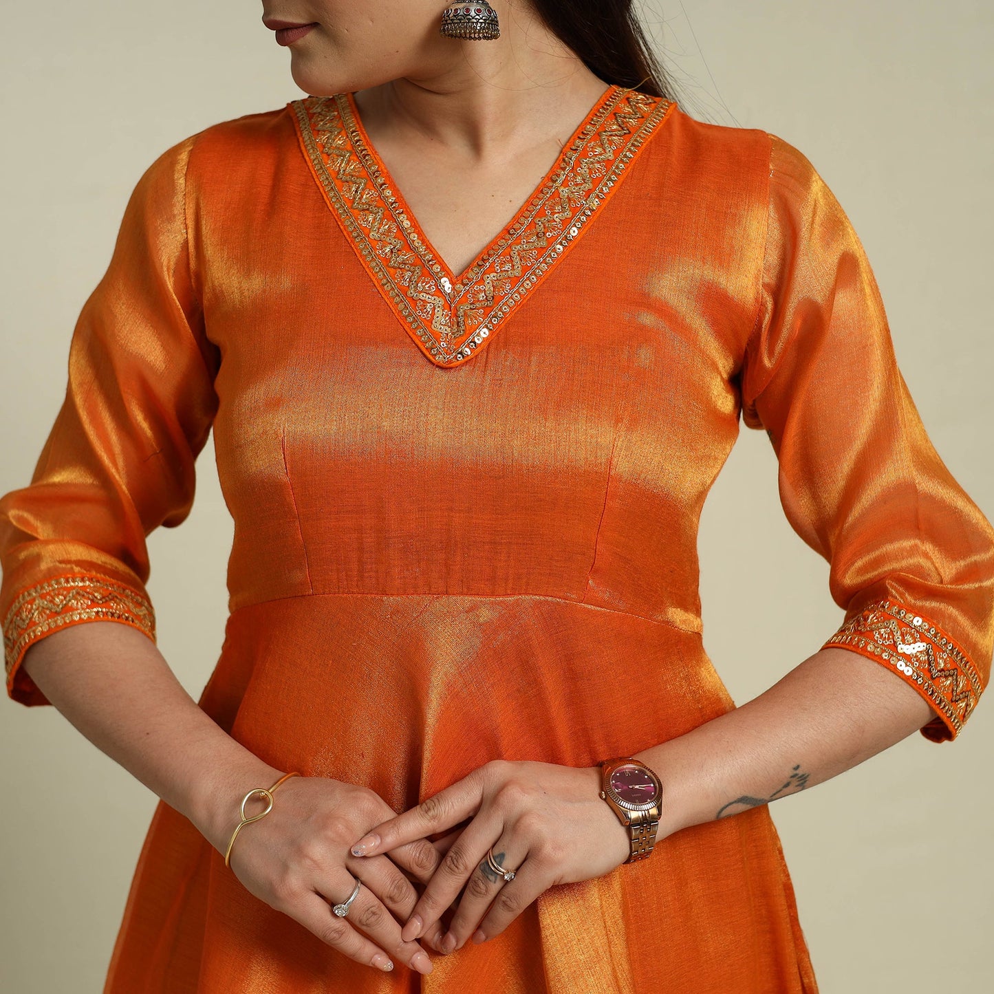 Orange Lace Work Fine Tissue Zari Plain Anarkali Kurta Set for Women
