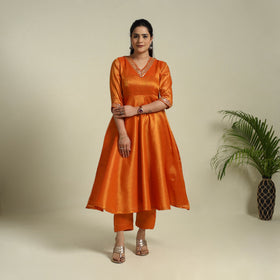 Orange Lace Work Fine Tissue Zari Plain Anarkali Kurta Set for Women