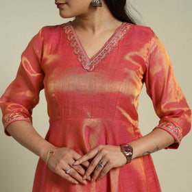 Orange Lace Work Fine Tissue Zari Plain Anarkali Kurta Set for Women