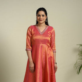 Orange Lace Work Fine Tissue Zari Plain Anarkali Kurta Set for Women