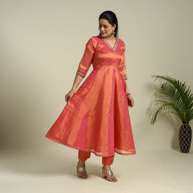 Orange Lace Work Fine Tissue Zari Plain Anarkali Kurta Set for Women